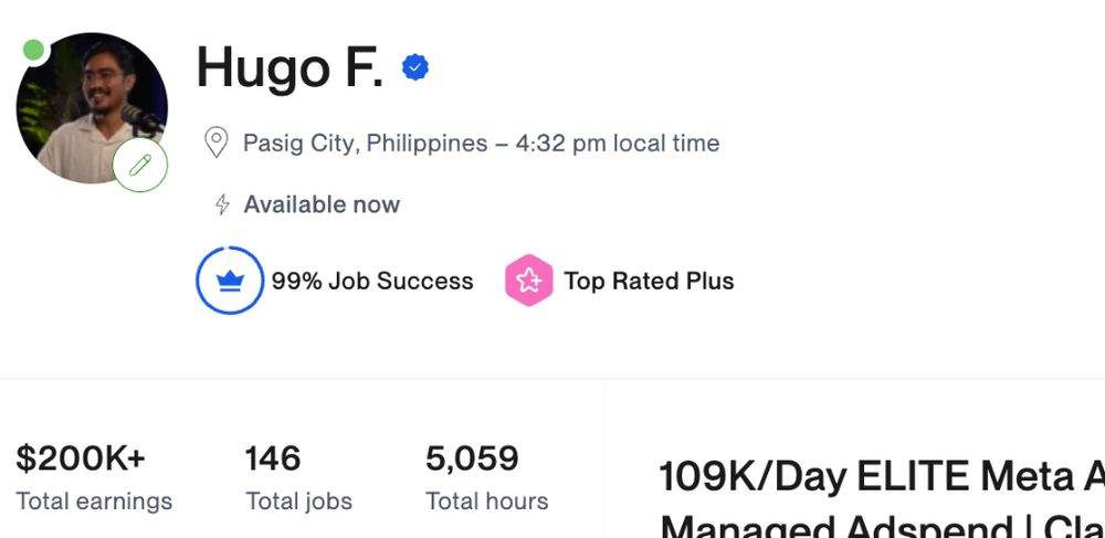 Upwork profile header showing 99 percent job success, Top Rated Plus, 200K plus total earnings, 146 jobs and 5,059 hours