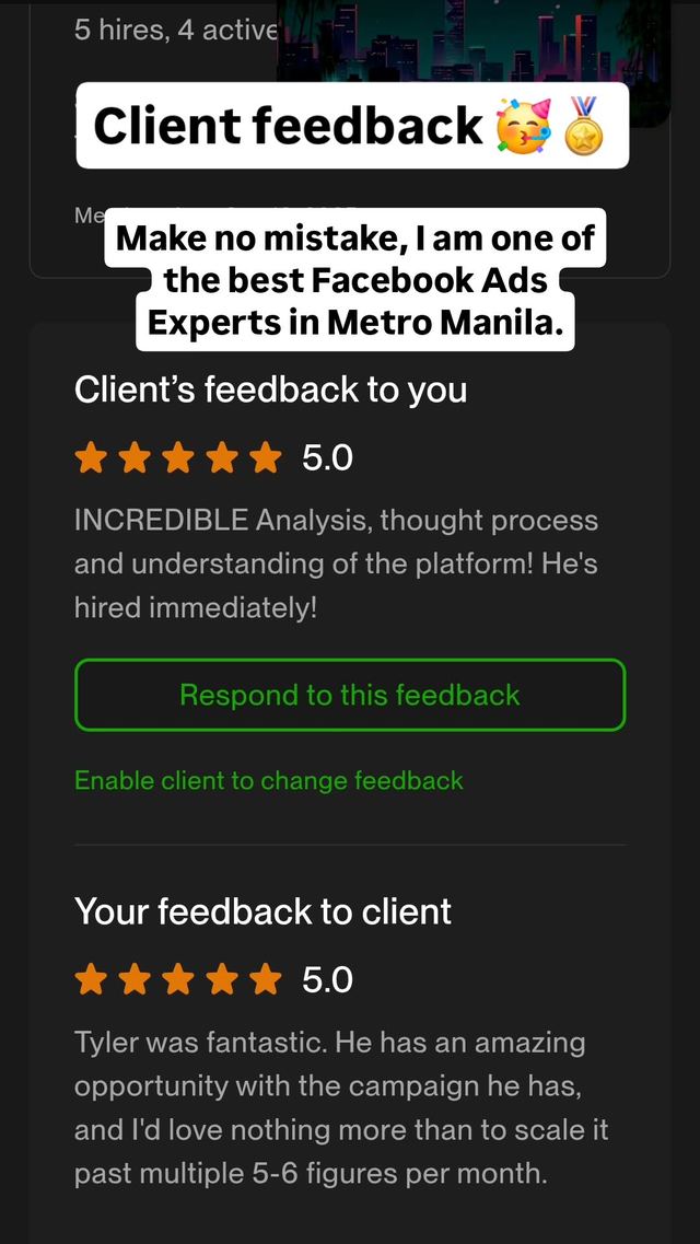 Upwork client feedback rated 5.0 saying the analysis was incredible and he was hired immediately