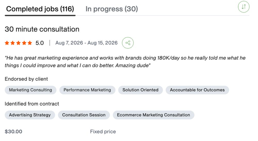 Upwork review screenshot rated five stars, dated August 2026, mentioning brands doing 180K a day